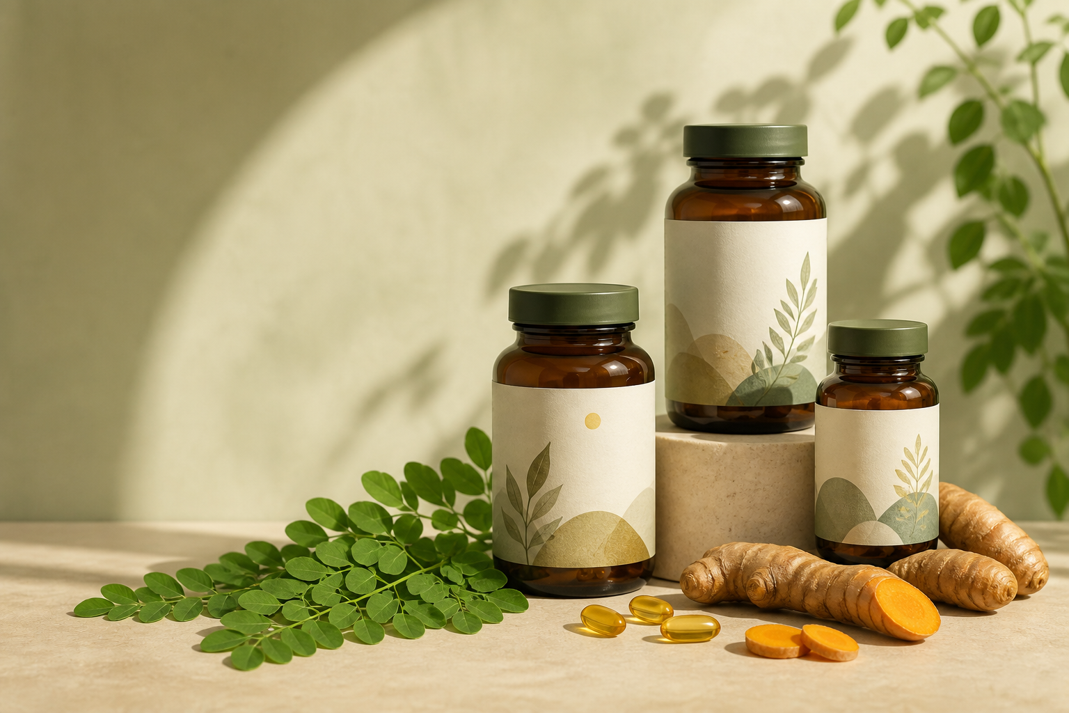 Suplementos naturales con moringa y cúrcuma sobre una mesa clara